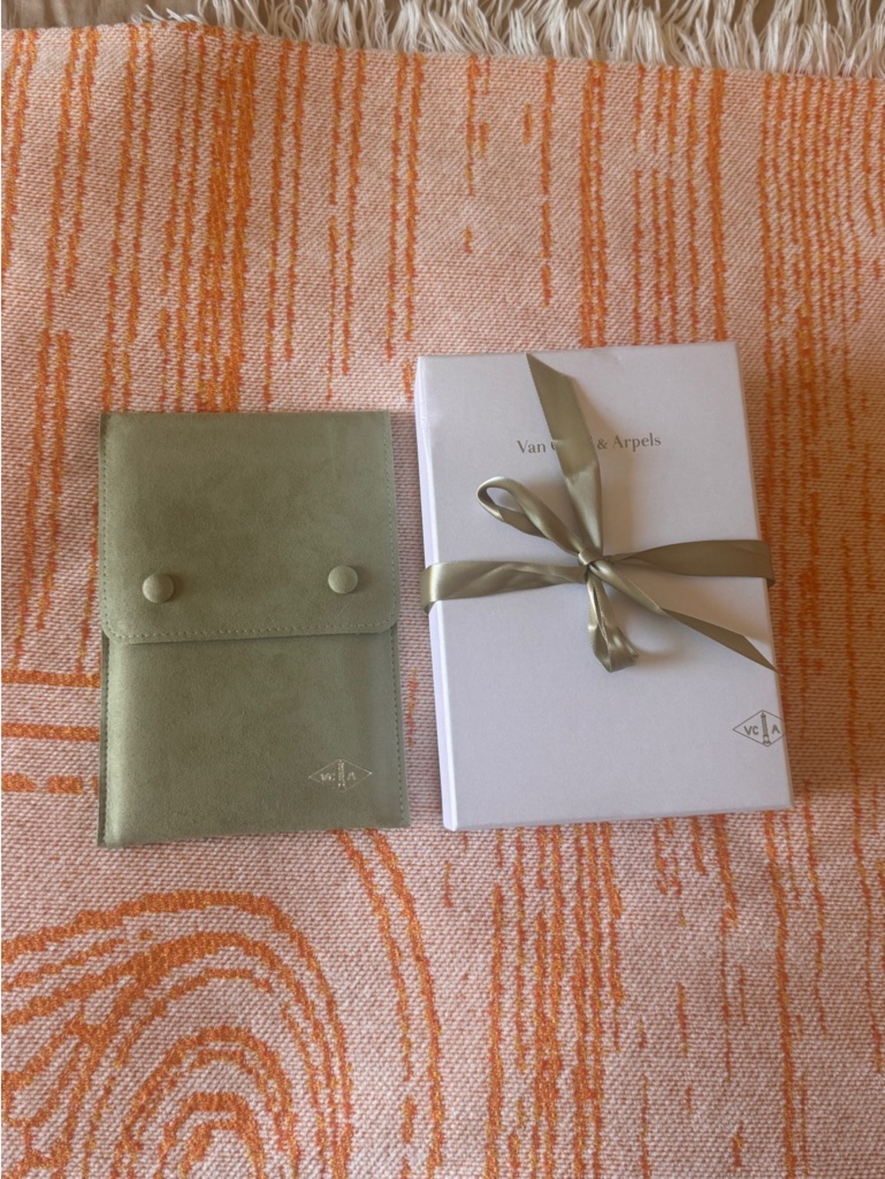 Van Cleef & Arpels Sage Green Leather Pouch with White Gift Box
